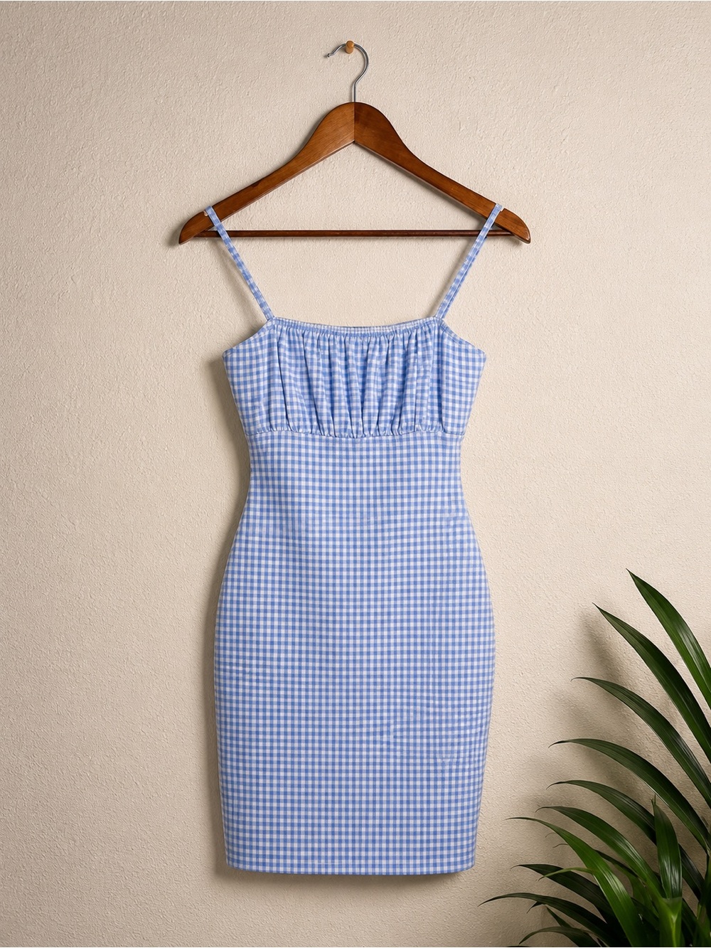 Bear Dance Light Blue Gingham Spaghetti Strap Mini Dress